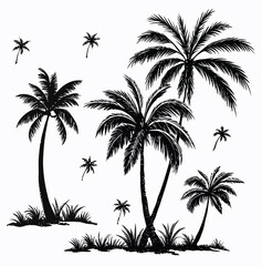 Vector  silhouette illustration of a tropical scene with palm trees and grass against a white background design