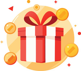 Festive gift box with gold coins and confetti