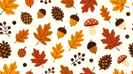 Autumn Seamless Pattern with Colorful Leaves, Pine Cones, Acorns, and Mushrooms, Fall Season Vector Background