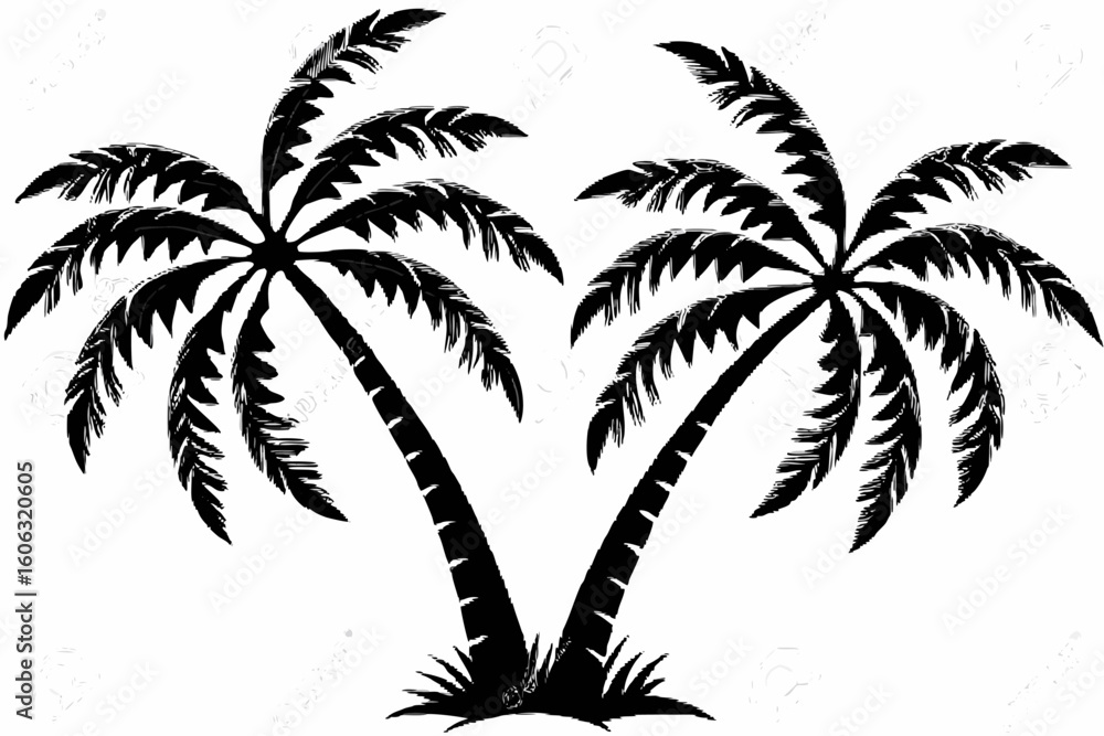 Poster vector silhouette of several palm trees of varying sizes against a white background in a simple illu