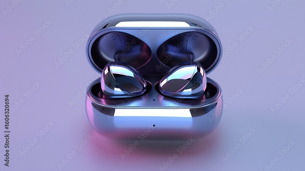 Poster shiny chrome wireless earbuds resting inside a matching charging case, illuminated by soft lighting.