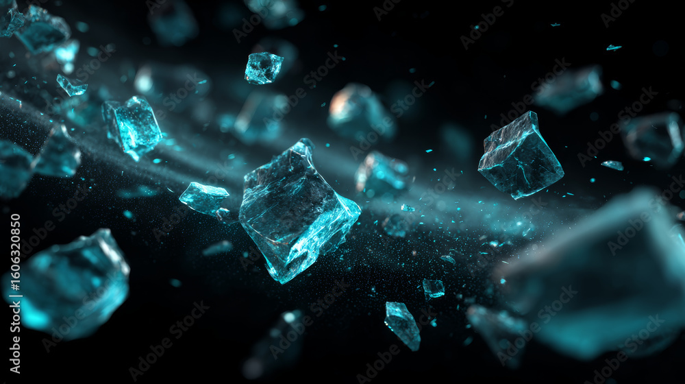 Poster frozen ice cube pieces floating in dark space with glowing blue light and sparkling particles creati