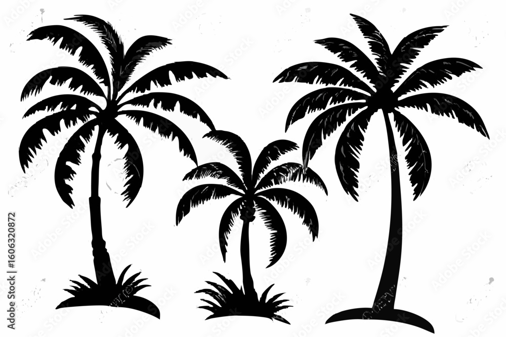 Poster vector three black silhouettes of palm trees with textured leaves and trunks on a white background d