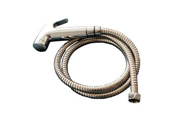 Metal bidet hose aluminum isolated on cut out PNG or transparent background. For use in home bathrooms or public restrooms.