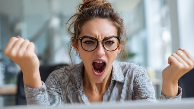 Angry woman with glasses shouting and clenching fists in office, expressing frustration and stress in workplace environment - Powered by Adobe