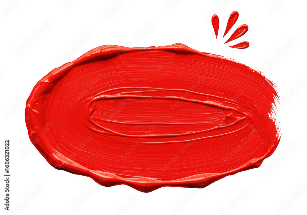 Poster vibrant red paint smear with a small splash of red droplets isolated on a transparent background for