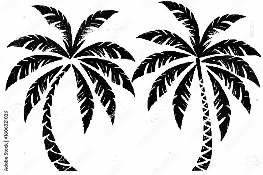 Poster vector two black palm trees with detailed fronds and trunks on a white background in a graphic style