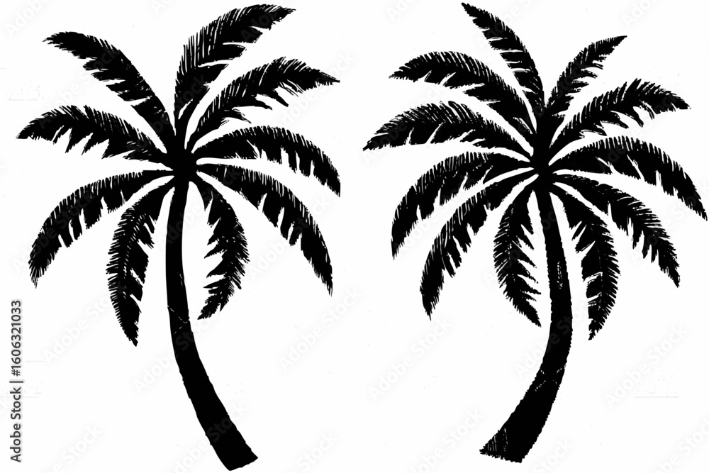 Poster vector silhouette of several palm trees of varying sizes against a white background in a simple illu