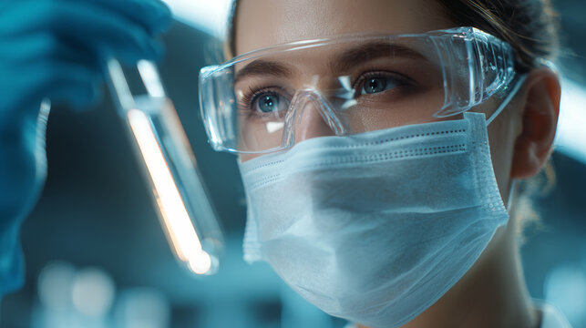 Scientist wearing protective glasses and mask holding test tube with liquid in laboratory environment focused on research and analysis