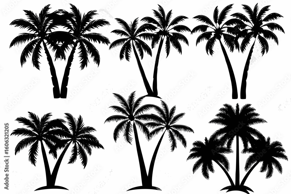 Poster vector silhouette of several palm trees of varying sizes against a white background in a simple illu