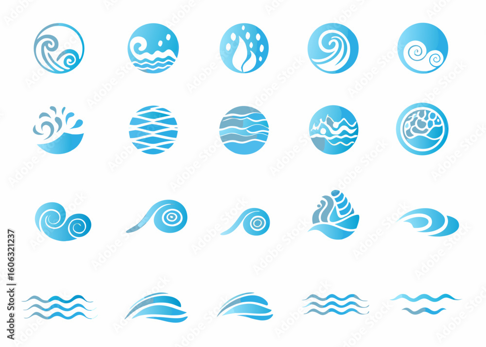 Poster vector collection of blue gradient water wave icons and symbols on a white background in various cir