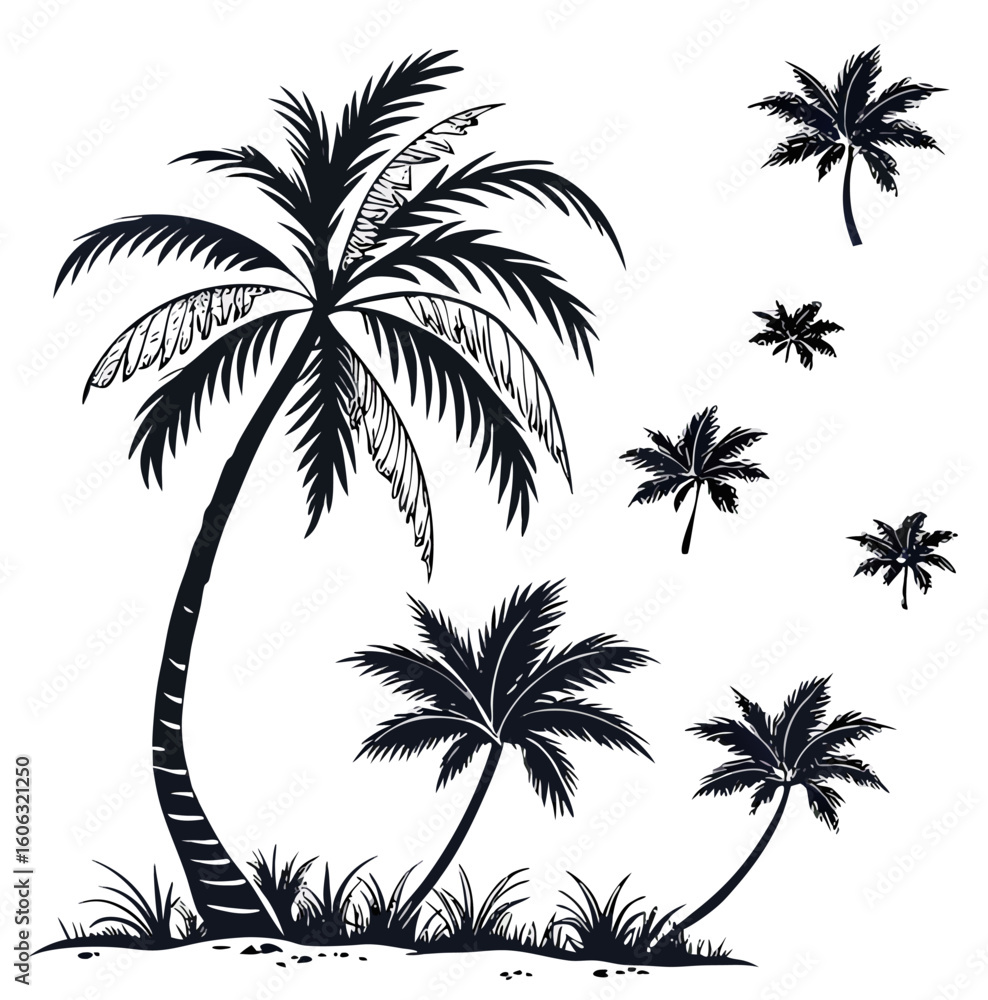 Poster vector illustration of several palm trees of varying sizes in a monochrome black and white color pal