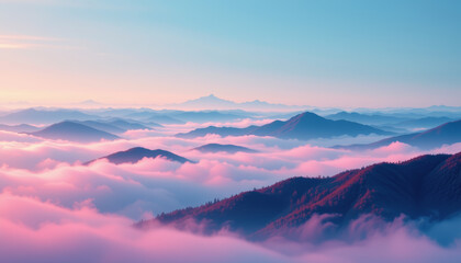 Mountain landscape with pink clouds and blue sky at sunrise, peaceful and serene natural scenery with layered mountain ridges and soft mist