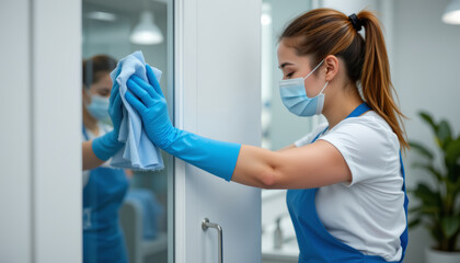 Female worker cleaning glass cabinet with cloth wearing protective gloves and face mask in modern interior