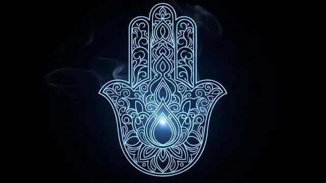 Ornate Hamsa Hand Spiritual Symbol - An intricately designed Hamsa hand, a protective amulet, glows with a soft blue light against a dark background with subtle smoke or mist.
