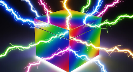 Vibrant Neon Lightning Strikes Surrounding Reflective Box