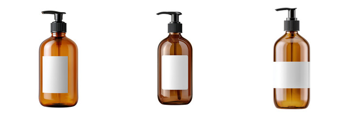 Fototapeta premium Three amber glass pump bottles with blank white labels isolated on a transparent background dispenser