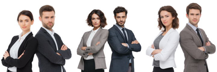 Six business people in suits with arms crossed against black background isolated on a transparent background