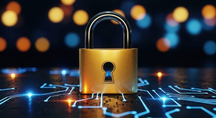 Golden padlock on illuminated circuit board with bokeh lights security technology