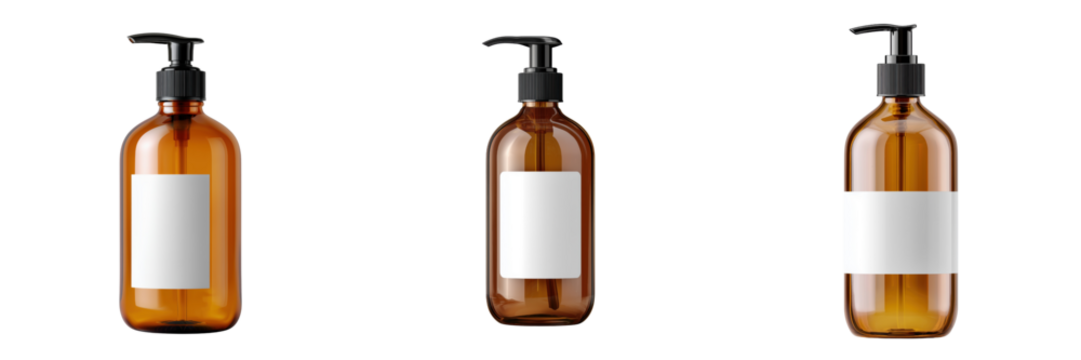 Three amber glass pump bottles with blank white labels isolated on a transparent background dispenser