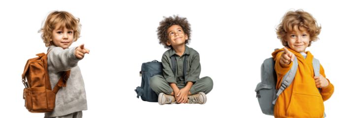 Three children with backpacks pointing and looking up isolated on a transparent background girl school