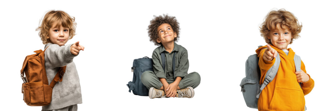 Three children with backpacks pointing and looking up isolated on a transparent background girl school