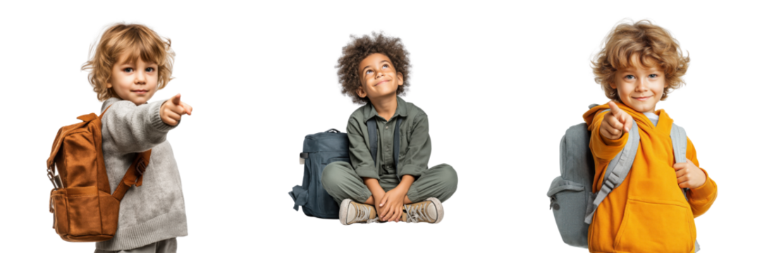 Three children with backpacks pointing and looking up isolated on a transparent background girl school - Powered by Adobe