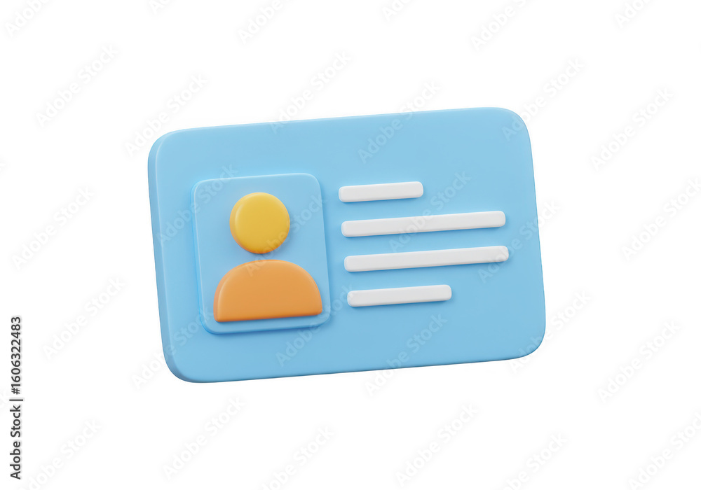 Poster stylized 3d illustration of a blue identification card with profile icon and text lines isolated on 