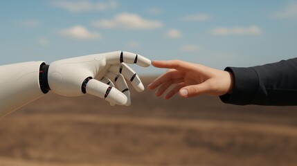 Robot & Human Pulling Hands to Reach Out Each Other, Almost Reaching Robotic Cyborg & Human Hands Outdoors at Field, Interaction With AI, Future Concept, Futuristic Agricultural Technology