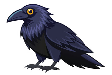 Stylized Raven Illustration with Detailed Feather Texture and Bright Yellow Eyes Standing Out on a White Background