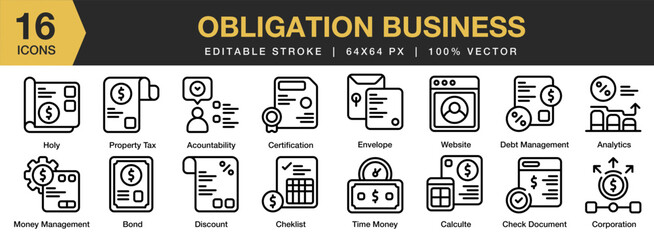Obligation Business icon set. Editable Stroke Icon Collection. Includes business, obligation, contract, finance, agreement, and More. Outline icons vector collection.