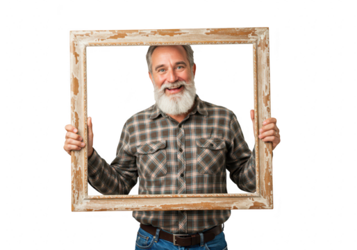 Smiling senior man with beard holding an antique wooden picture frame against a transparent background