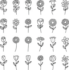 Simple flower in black outline. Includes roses, tulips, daisies, and buds.