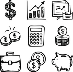 Finance and money icon set in sketch style. Includes calculator, piggy bank, coins, dollar sign, charts, and briefcase.
