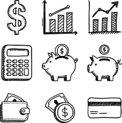 Finance and business icons in line art style including graphs, calculators, coins, wallets, and piggy banks.