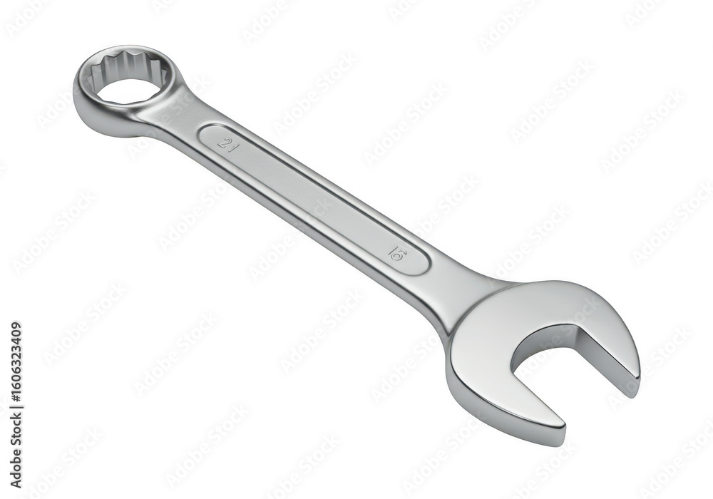 Aufkleber a single shiny chrome combination wrench with open and box ends isolated on a clean transparent back