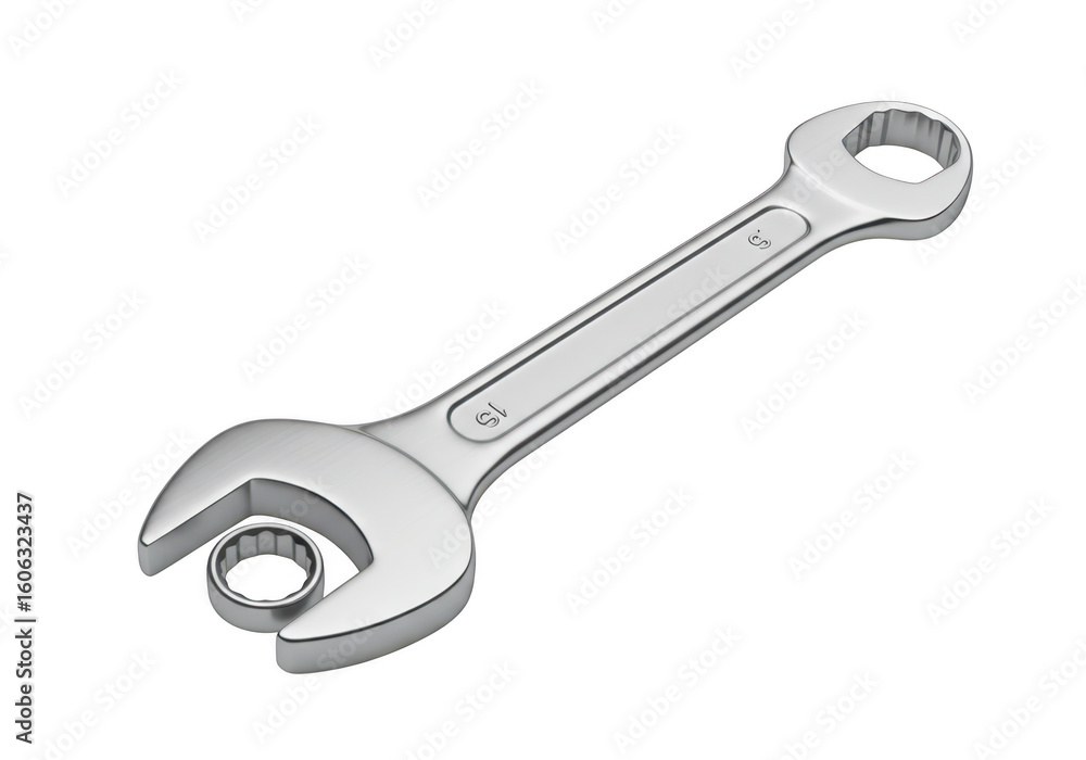 Poster a shiny chrome combination wrench with a small metal ring placed inside its open jaw isolated on a t