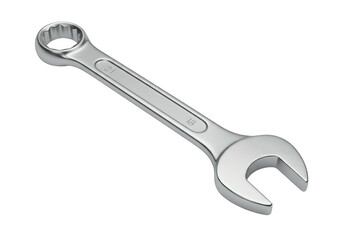 A single shiny chrome combination wrench with open and box ends isolated on a clean transparent background for clarity