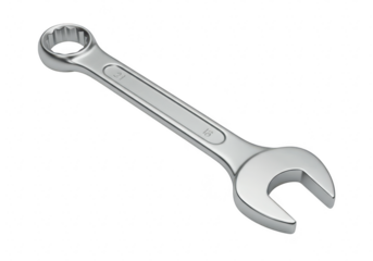 A single shiny chrome combination wrench with open and box ends isolated on a clean transparent background for clarity