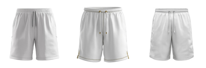 Three white athletic shorts with drawstring and varied trim details isolated on a transparent background