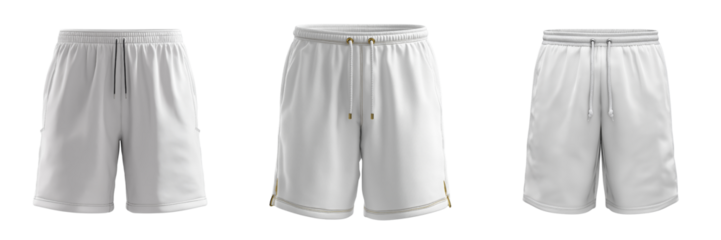 Three white athletic shorts with drawstring and varied trim details isolated on a transparent background