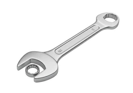 A shiny chrome combination wrench with a small metal ring placed inside its open jaw isolated on a transparent background