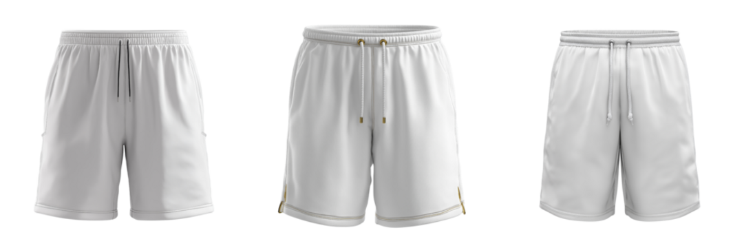 Three white athletic shorts with drawstring and varied trim details isolated on a transparent background - Powered by Adobe