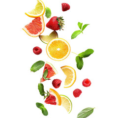 Naklejka premium Vibrant fruit slices and berries in mid-air