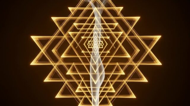 Sri Yantra with Incense Smoke - A glowing Sri Yantra geometric pattern is illuminated by incense smoke rising from a dark bowl.