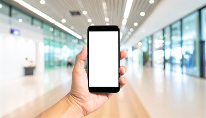 右手で縦持ちしたスマートフォンのモックアップ、白いブランクスクリーンとぼかし加工されたオフィス背景。UIやアプリ画面の表示に最適な modern business phone mockup – hand holding vertical smartphone with blank white screen in blurred office interior