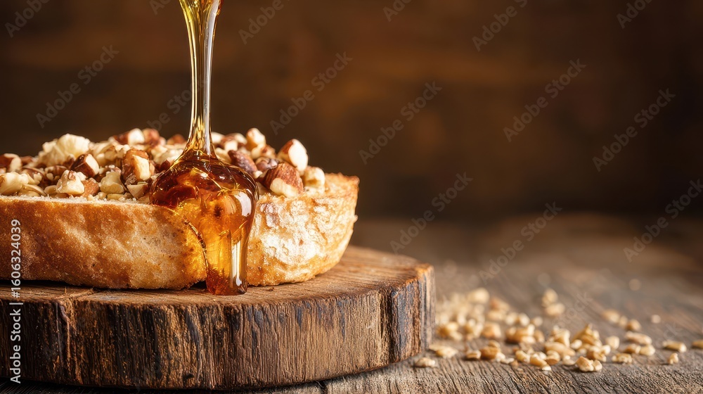 Poster Honey drizzling over a slice of bread topped with nuts.