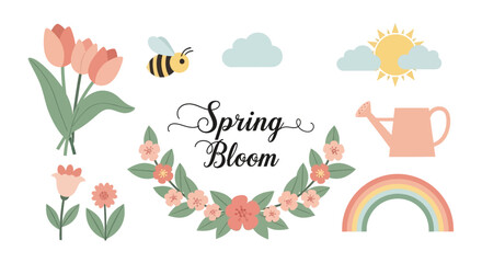 Spring Bloom illustration with flowers, bee, rainbow, sun, clouds, and watering can.