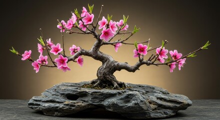 Beautiful bonsai tree with vibrant pink flowers on a textured stone base against an elegant dark background