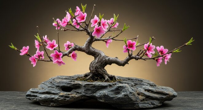 Beautiful bonsai tree with vibrant pink flowers on a textured stone base against an elegant dark background - Powered by Adobe